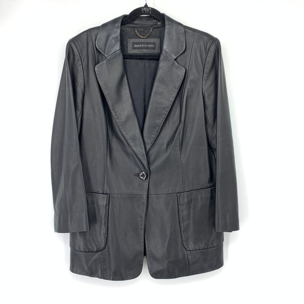 Dana Buchman Leather Blazer Womens 14 Black Longline Jacket Patch Pockets